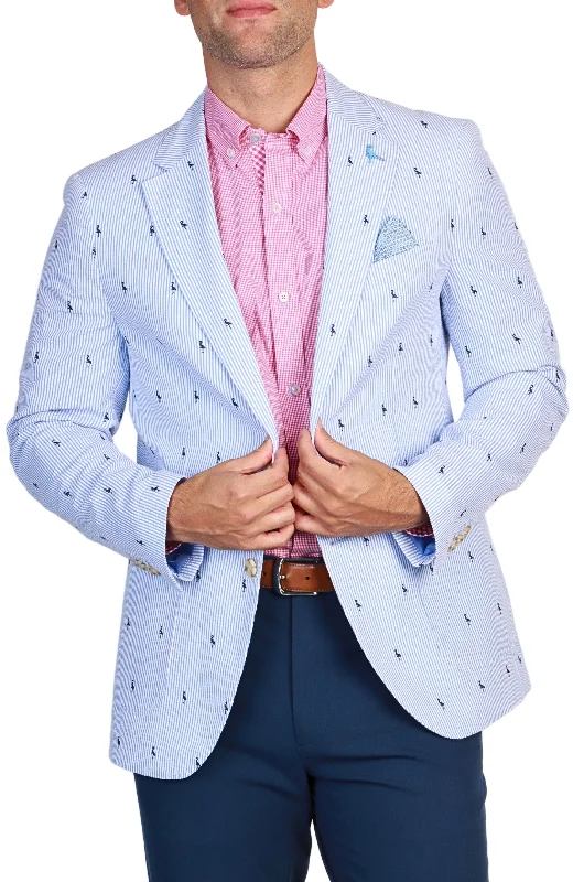 Blue Seersucker Pinstripe Byrd Print Sport Coat