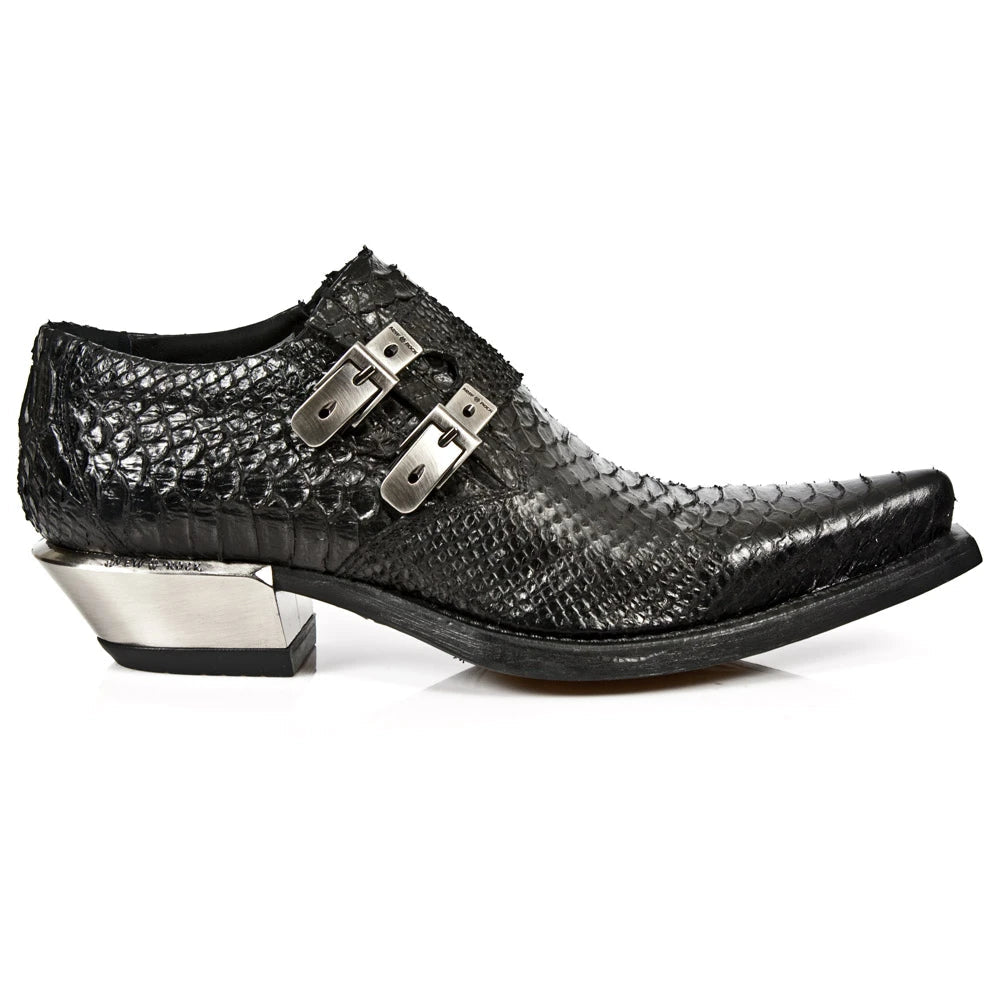 New Rock 7934-S2 Embossed Python Black Leather Buckle West Steel Heel Shoes Boot