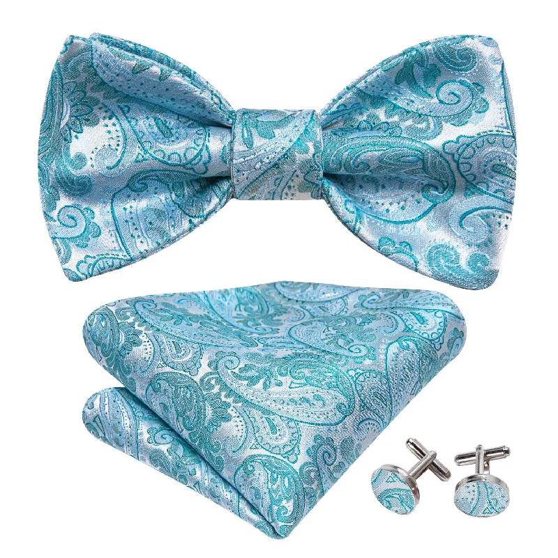 Pale Blue Paisley Bow Tie Hanky Cufflinks Set