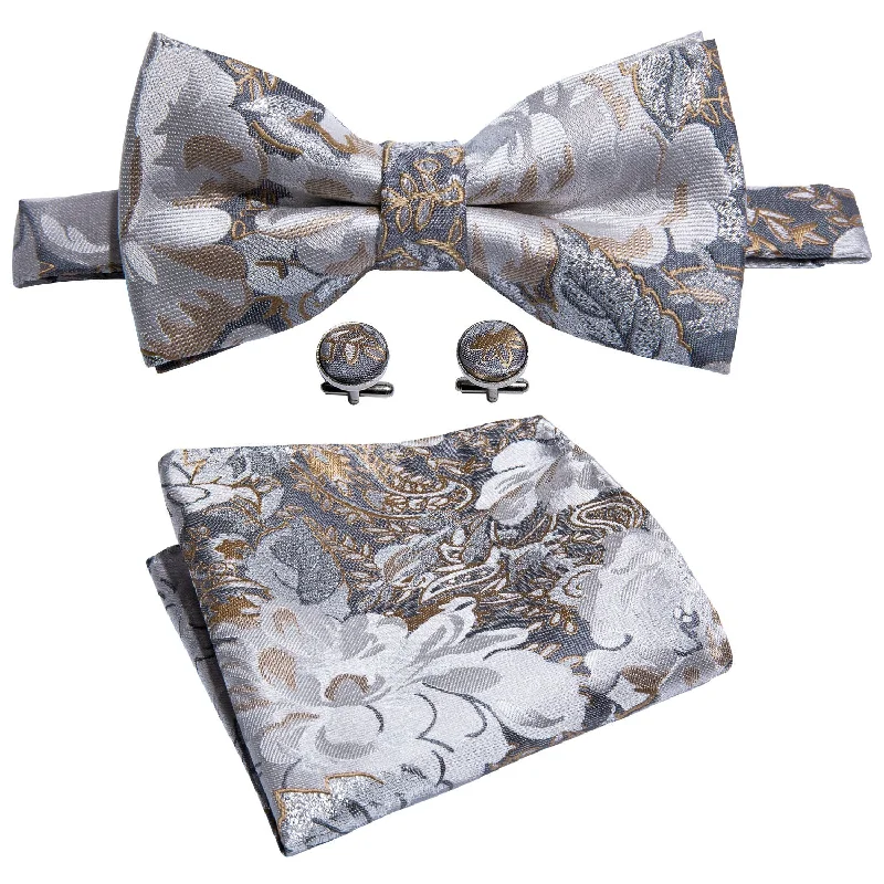 Grey White Champagne Floral Pre-tied Bow Tie Hanky Cufflinks Set