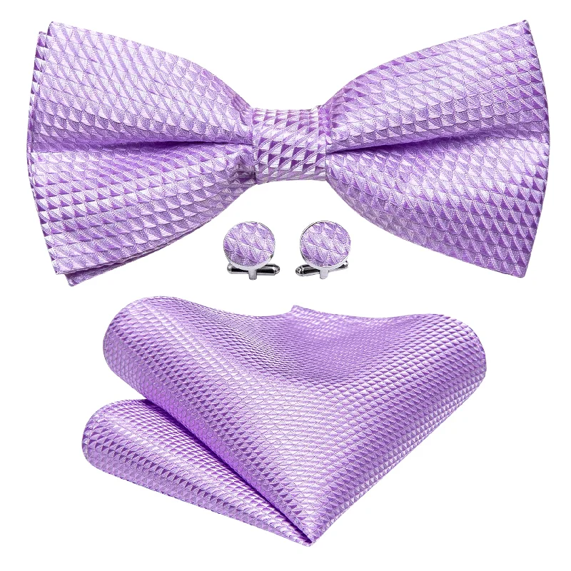 Purple Plaid Pre-tied Bow Tie Hanky Cufflinks Set