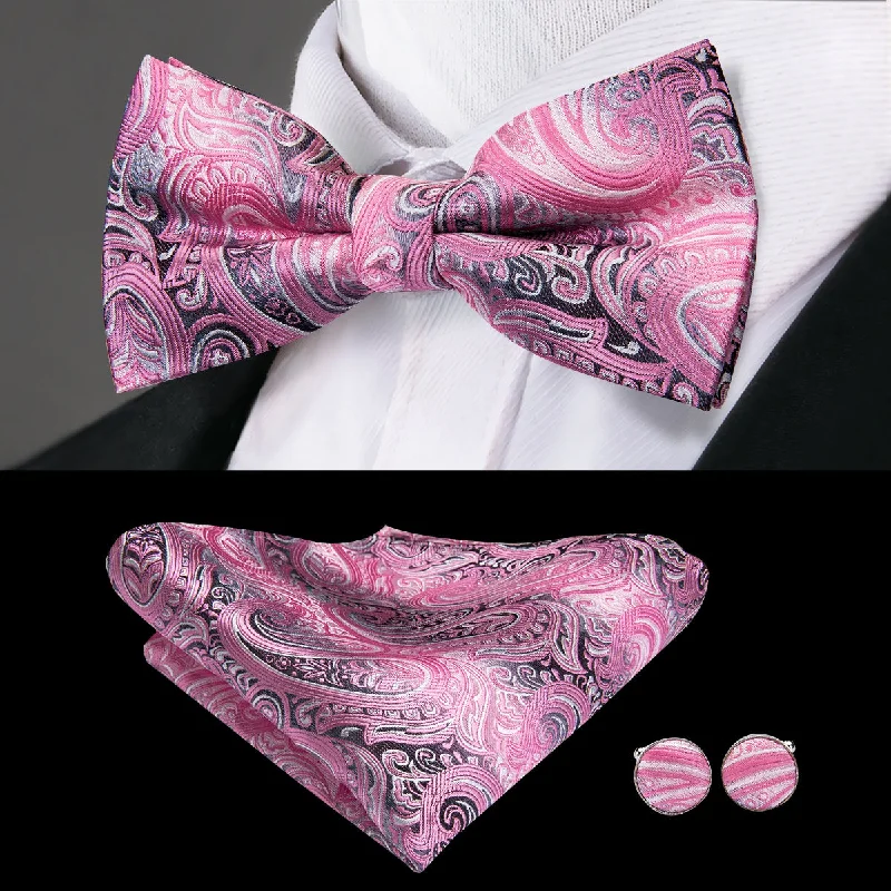 Ties2you Floral Tie Pink Grey Paisley Pre-Tied Bow Tie Hanky Cufflinks Set