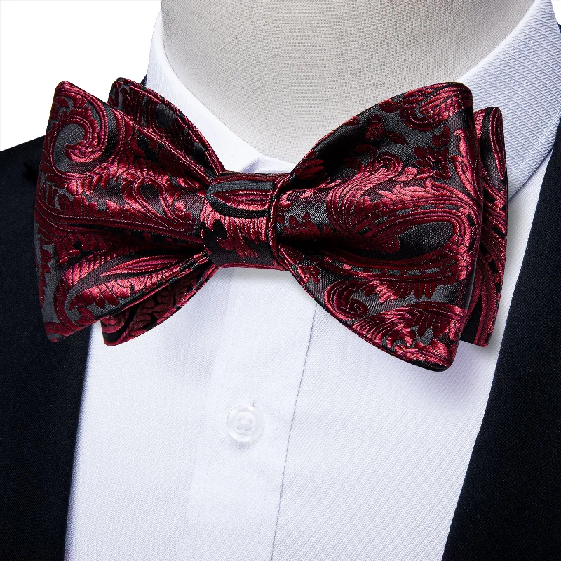 Black DarkRed Novelty Self-tied Bow Tie Pocket Square Cufflinks Set