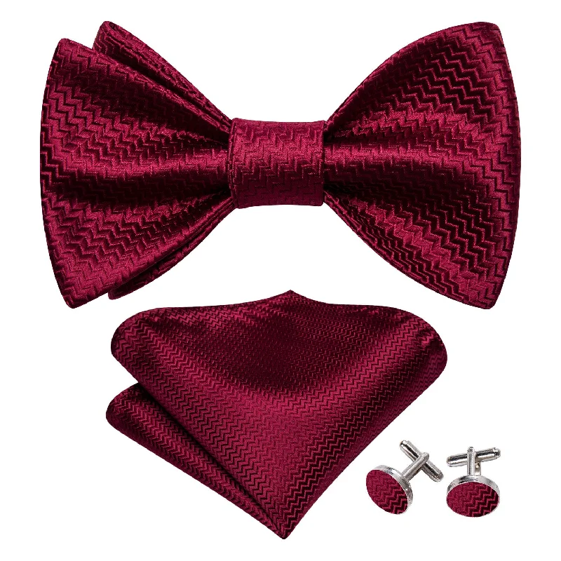 Dark Red Striped Silk Bow Tie Hanky Cufflinks Set