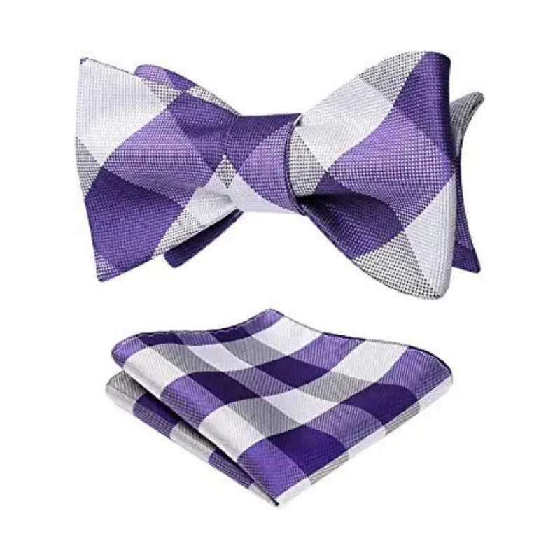 Plaid Bow Tie & Pocket Square Sets - E-PURPLE/WHITE