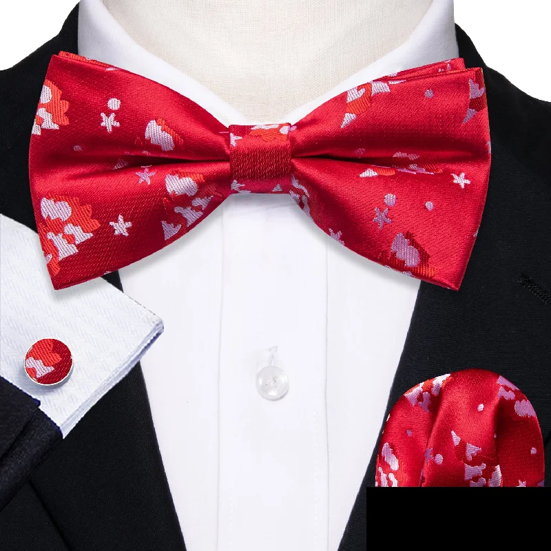 Red White Christmas Tree Men's Pre-tied Bowtie Hanky Cufflinks Set