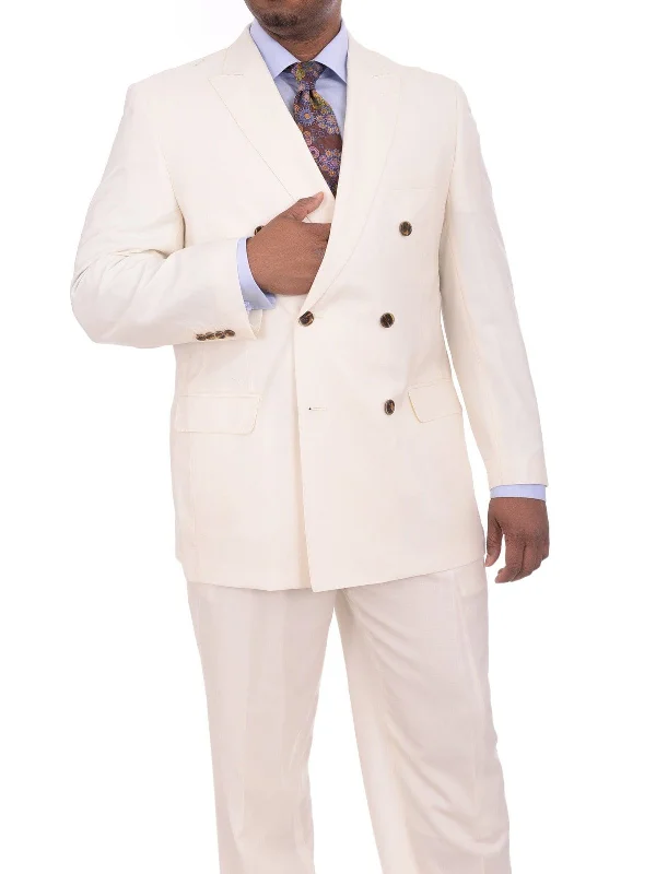 Apollo King Big & Tall Solid Off White Cream 6-on-2 Double Breasted Wool Suit