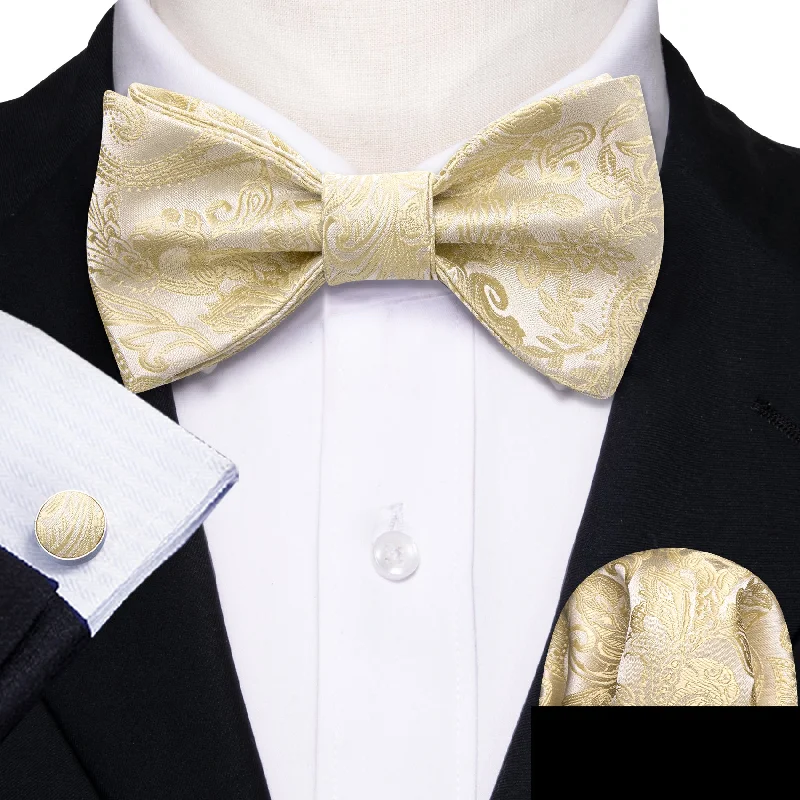 Beige Paisley Self-tied Bow Tie Pocket Square Cufflinks Set