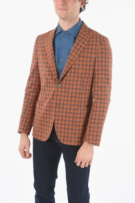 Corneliani CC COLLECTION Half-lined Plaid Check Blazer with Patch Pocke