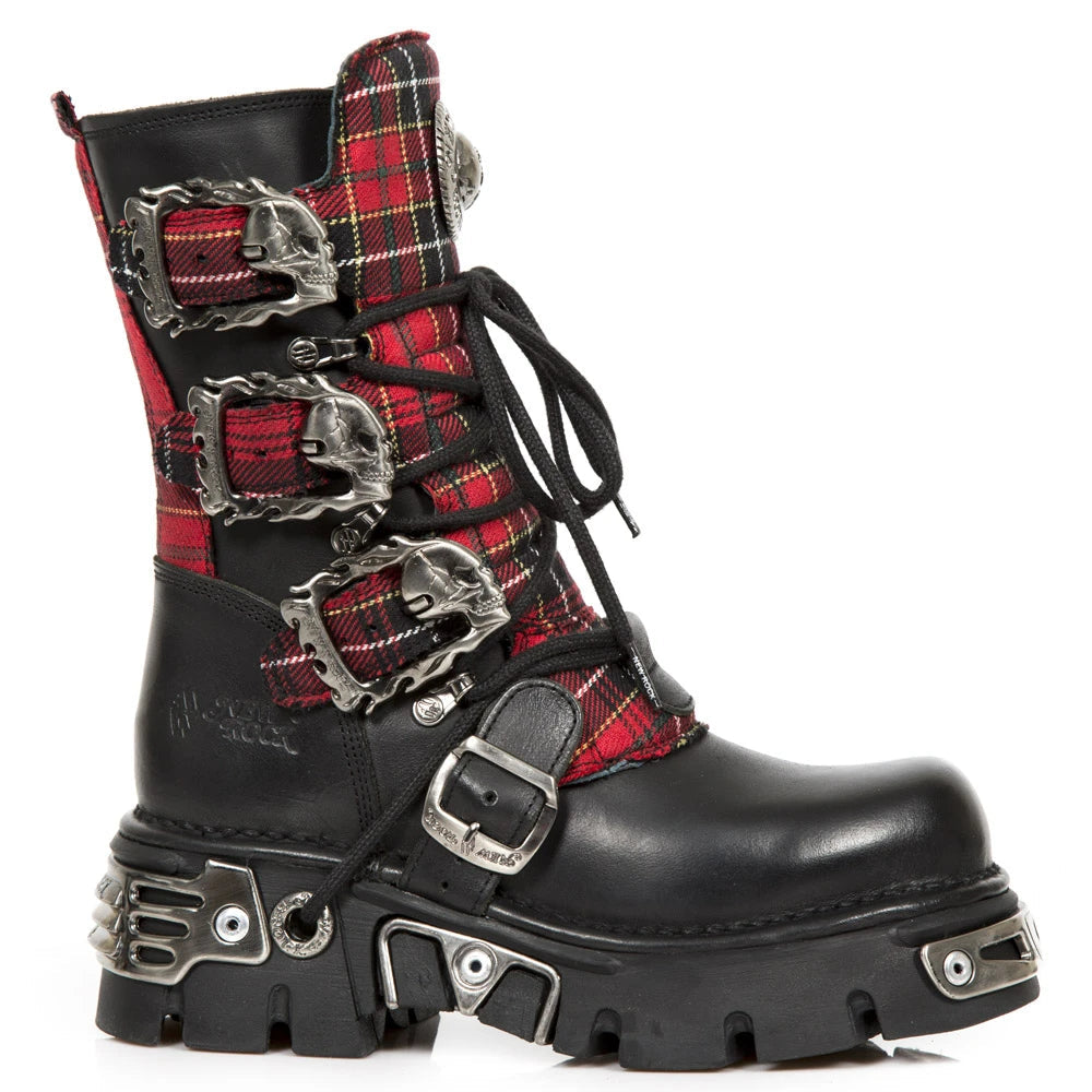 New Rock 391T-S1 Black Leather Tartan Gothic Boots Punk EMO Military