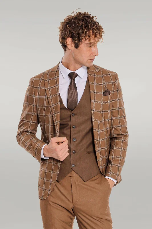 Checked Patterned Slim Fit Brown Men Suit - Wessi