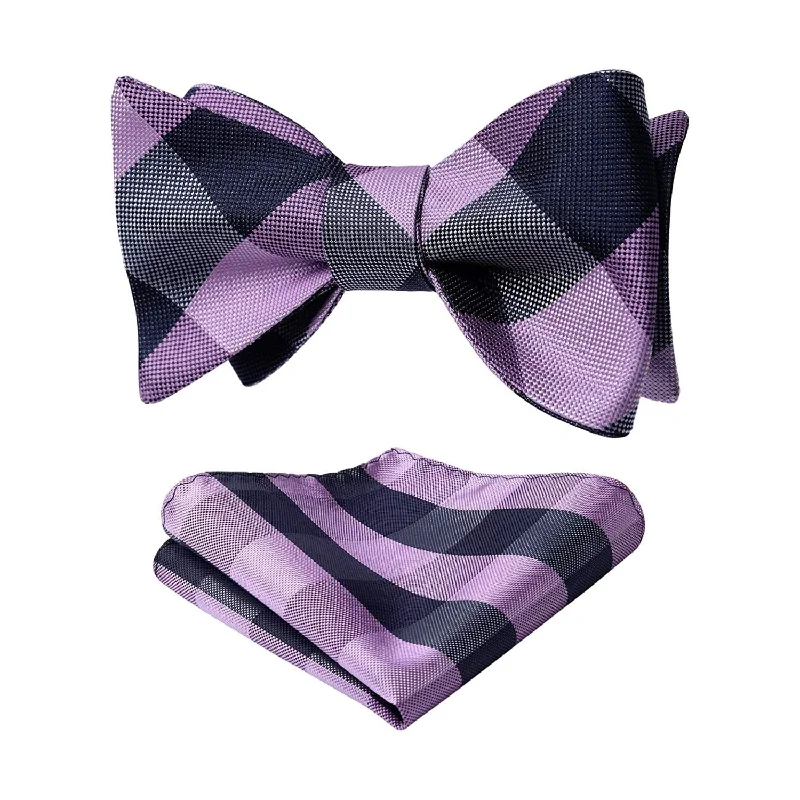 Plaid Bow Tie & Pocket Square Sets - E-PURPLE/NAVY BLUE