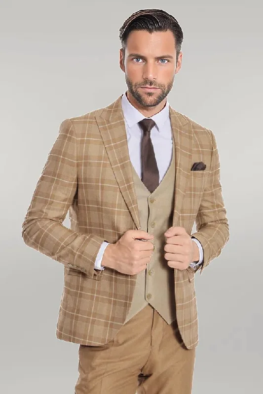 Slim Fit Checked Beige Men Suit - Wessi