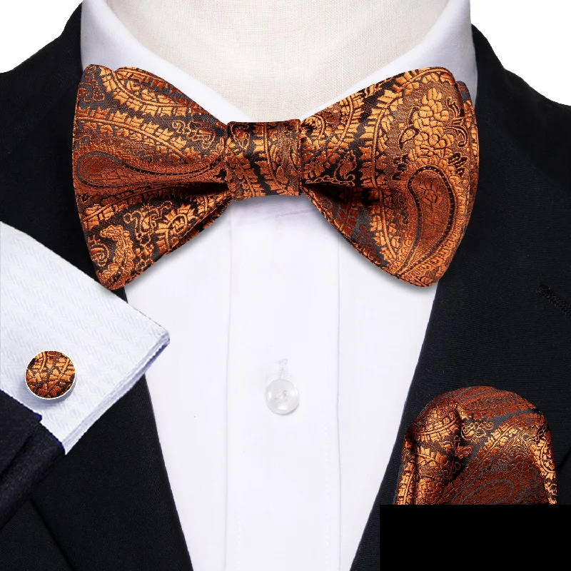 Bronze Brown Paisley Self-tied Silk Bow Tie Pocket Square Cufflinks Set