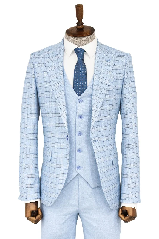 Checked Slim Fit Light Blue Men Suit and Shirt Combination- Wessi