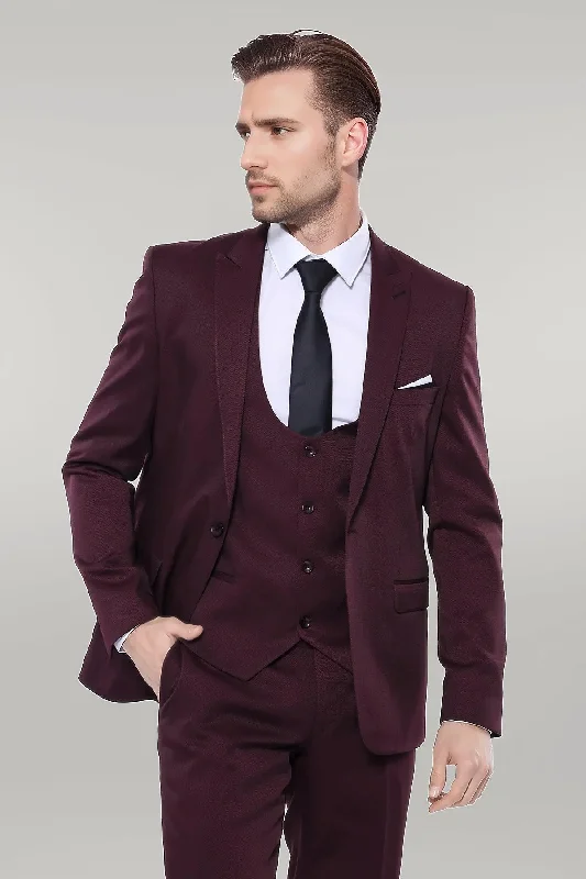 Patterned Claret Red Vested Suit- Wessi