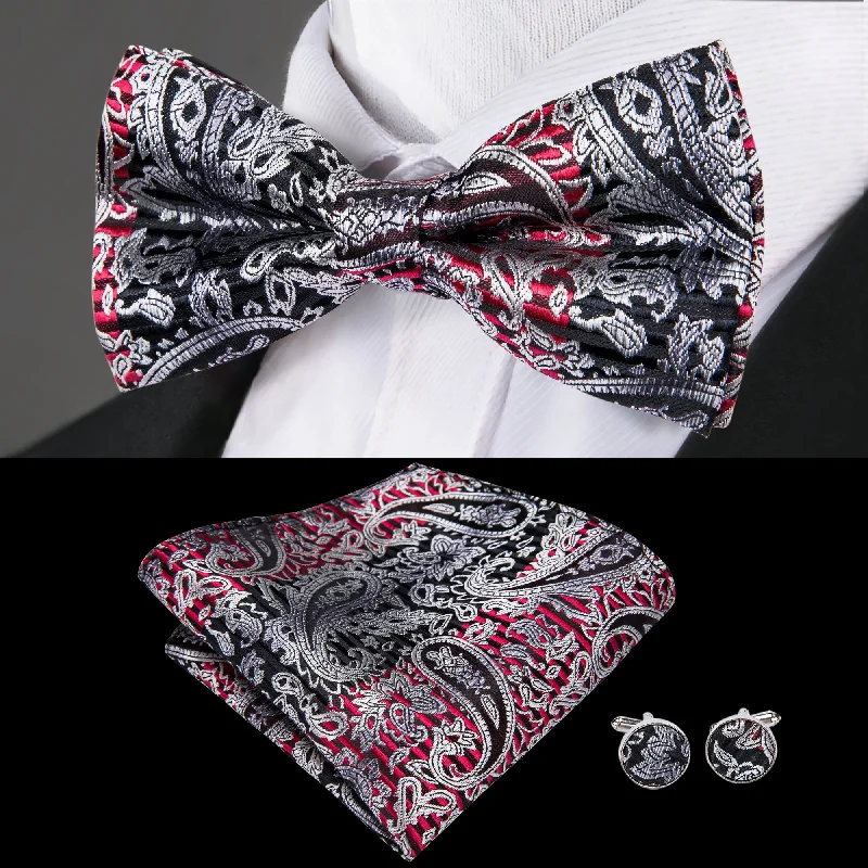 Silver Black Red Paisley Pre-tied Bow Tie Hanky Cufflinks Set