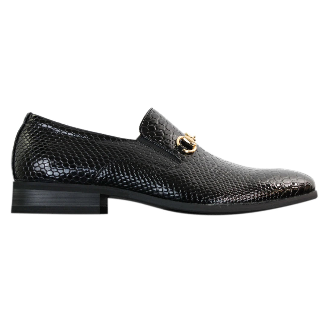 Patron 80058 Mens Black Patent Shiny Slip On PU Snake Crocodile Leather Shoes Gold Buckle