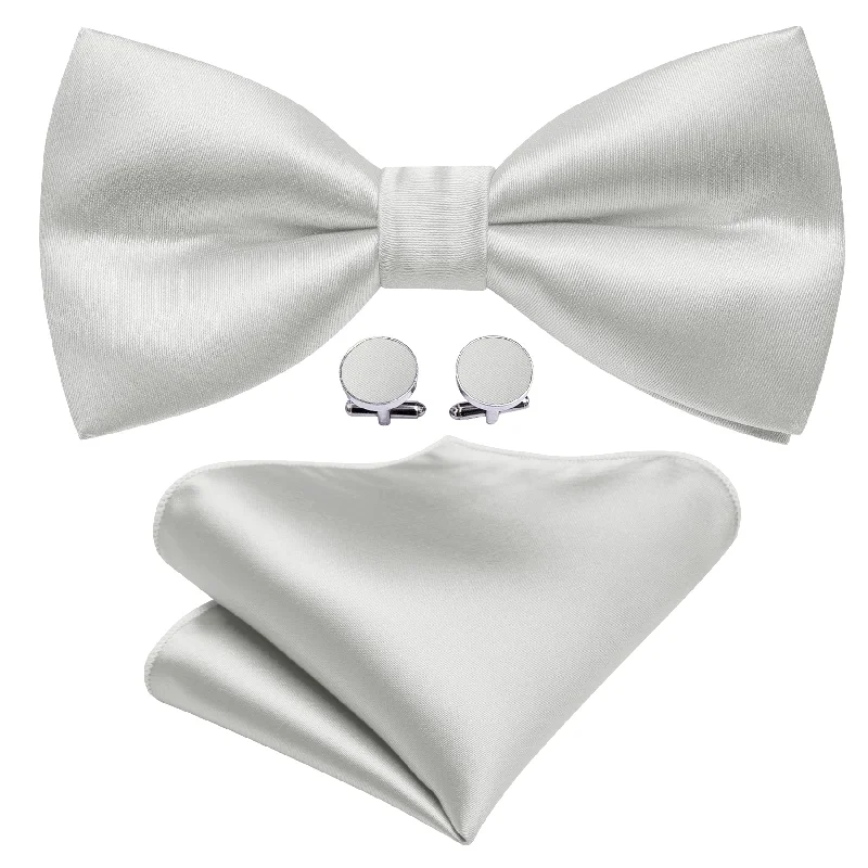 Barry Wang Satin Tie White Grey Solid Pre Tied Bow Tie Hanky Cufflinks Set