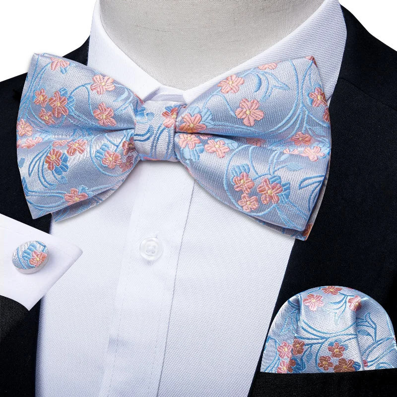 Blue Pink Floral Men's Pre-tied Bowtie Pocket Square Cufflinks Set