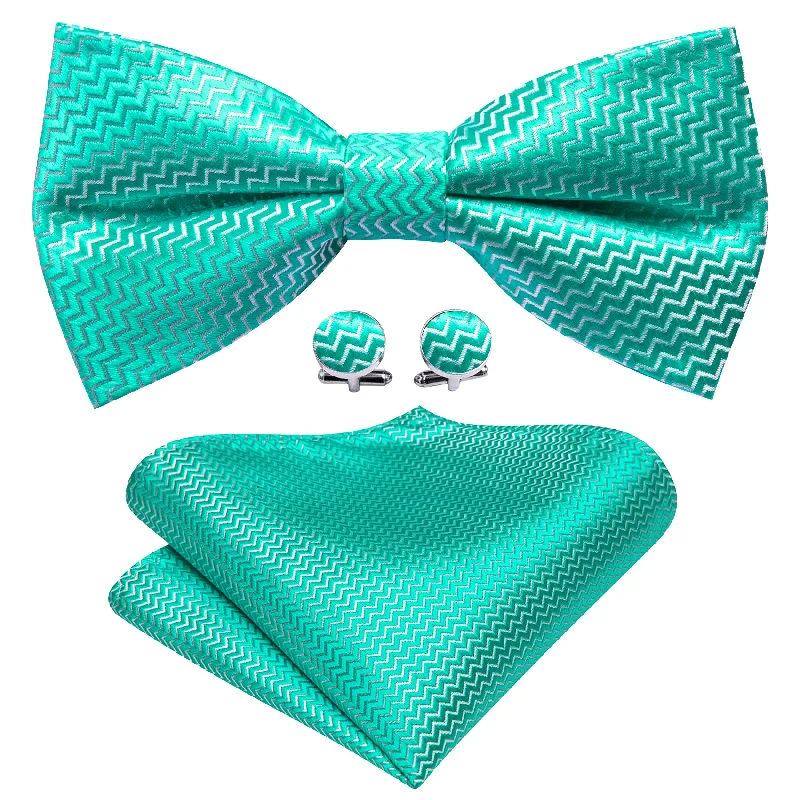 Aqua Curve Bow Tie Barry Wang Teal Green Necktie Hanky Cufflinks Set