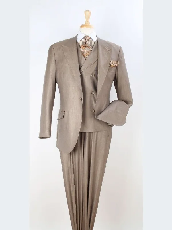 Apollo King Mens Big & Tall Classic Fit Tan 100% Wool 3 Piece Pleated Suit With Peak Lapels