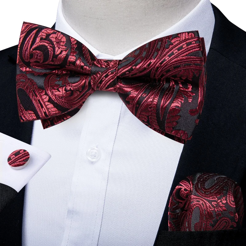 Dark Wine Red Black Paisley Men Pre-tied Bowtie Pocket Square Cufflinks Set