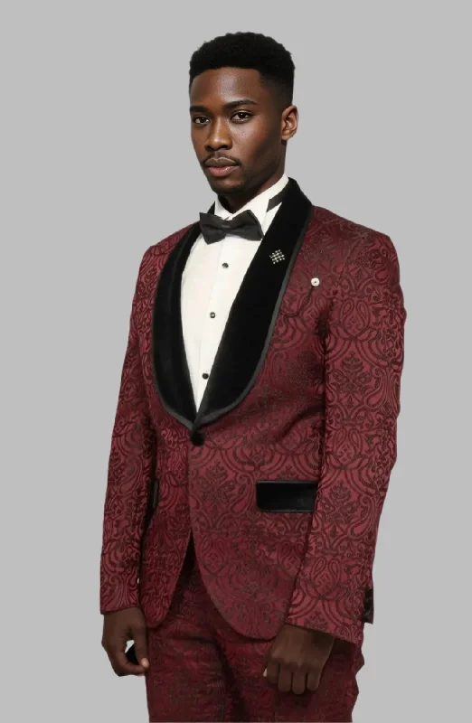 2 Piece Damask Patterned Velvet Shawl Collar Burgundy Men's Tuxedo Suit - Wessi