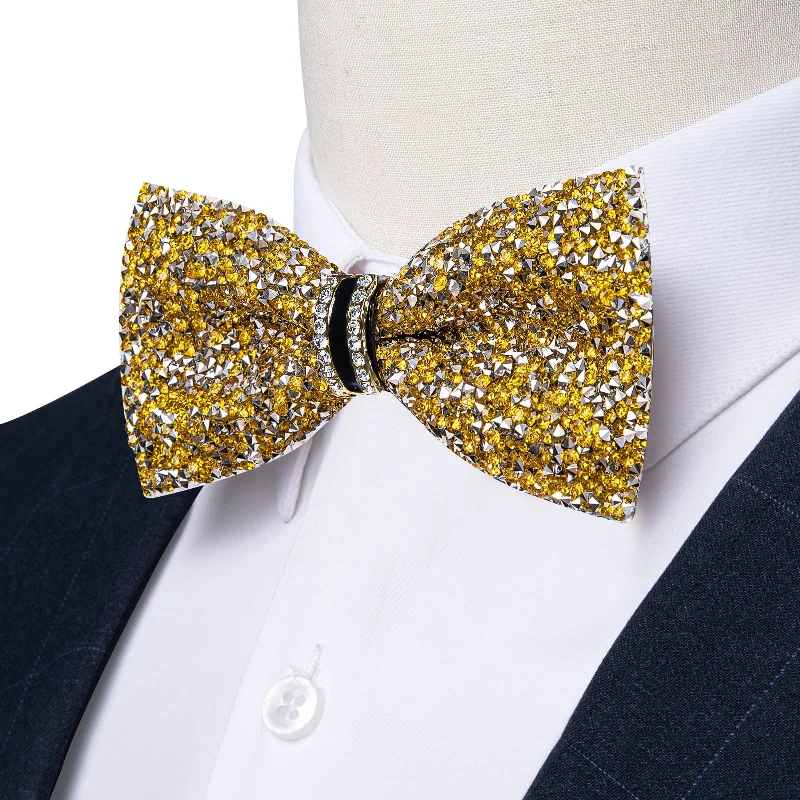 Ties2you Imitated Crystal Bowtie Yellow Silver Rhinestones Men's Pre Tied Bow Ties For Wedding Party