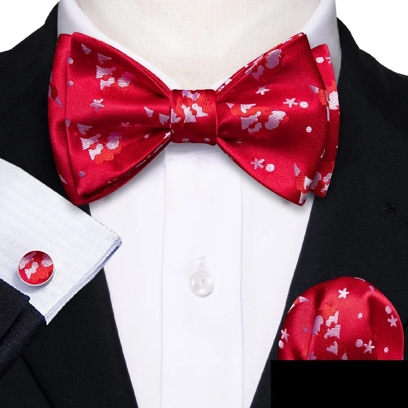 Red White Christmas Tree Men's Self-tied Bowtie Hanky Cufflinks Set