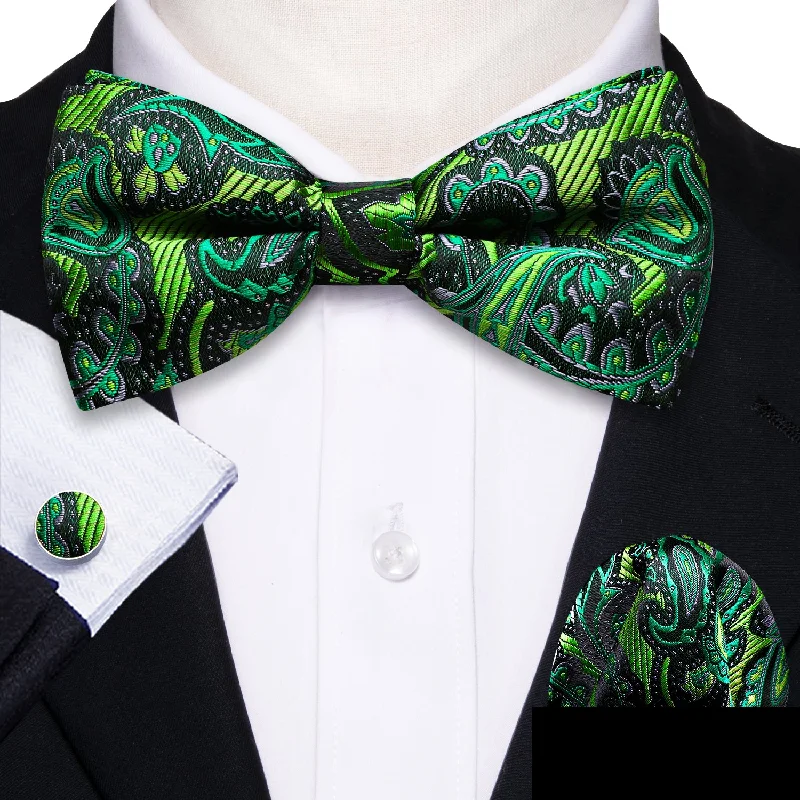 Green Paisley Bow Tie Hanky Cufflinks Set