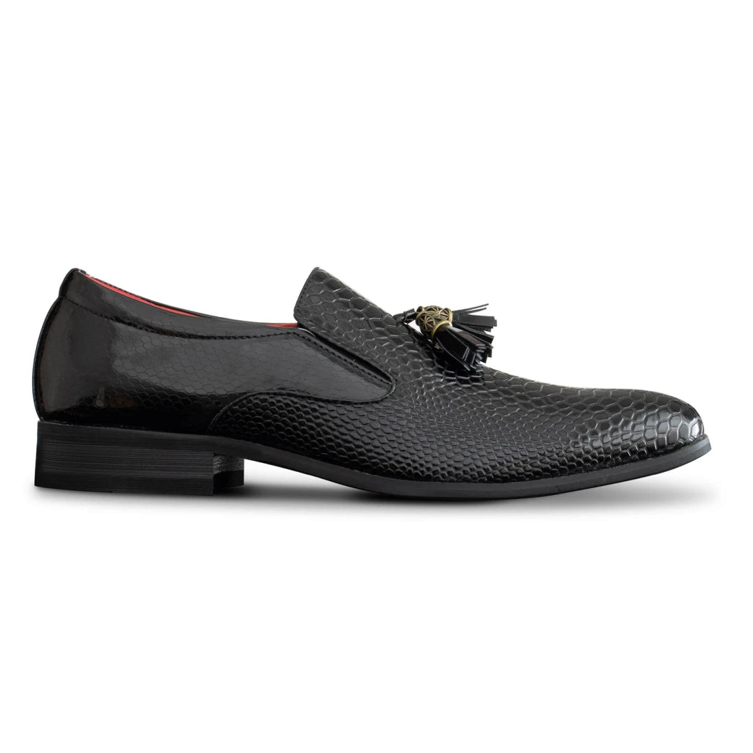 Mens Shoes Slip On Snake PU Leather Black Shiny Patent Tassel Smart Casual