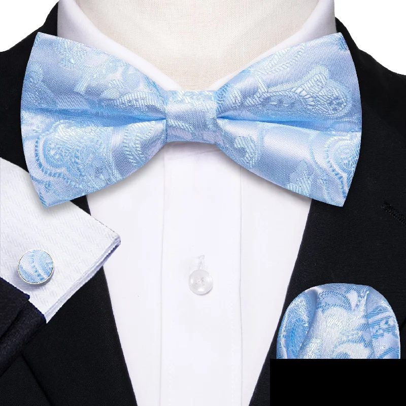 Baby Blue Paisley Men's Pre-tied Bowtie Pocket Square Cufflinks Set