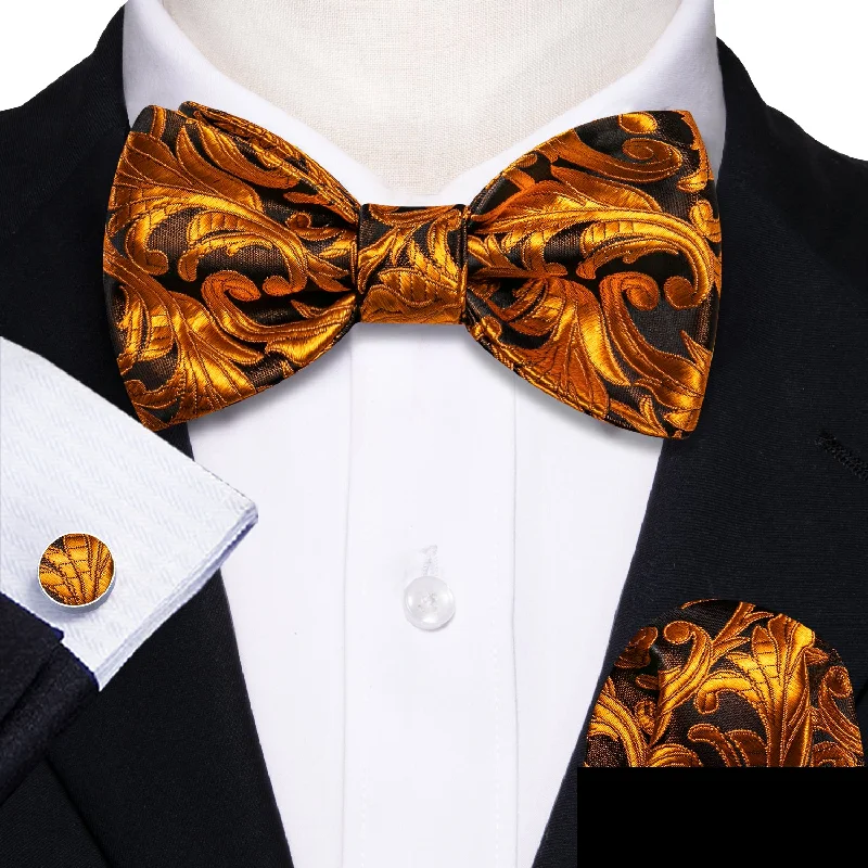 Gold Leaves Self-tied Bow Tie Hanky Cufflinks Set