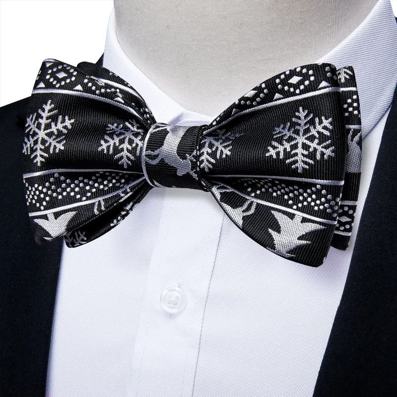 Christmas Black  White Snow Novelty Self-tied Bow Tie Pocket Square Cufflinks Set