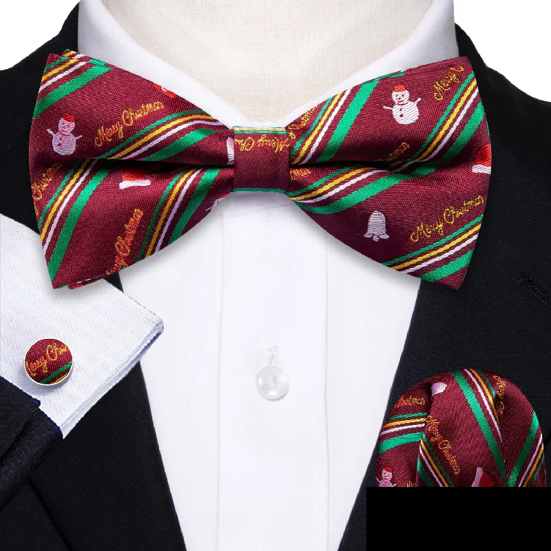 Red Green Striped Men's Pre-tied Christmas Bowtie Hanky Cufflinks Set