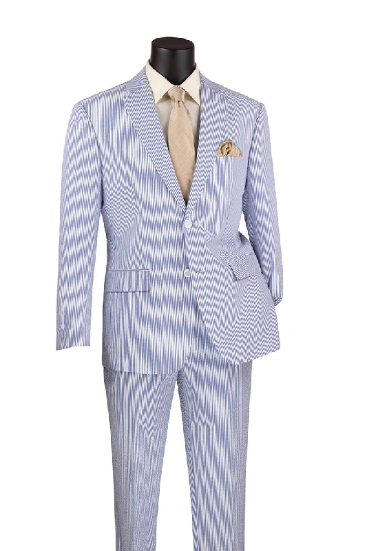 Modern Fit Summer 2 Piece 2 Button Suit Striped Seersucker in Navy