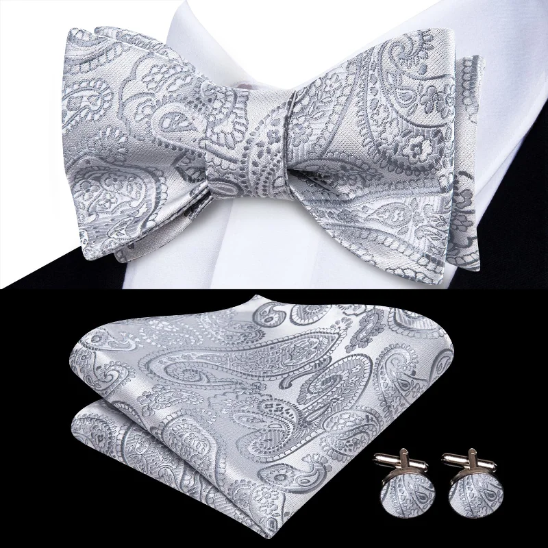 Ties2you Self-tie Bow Ties Cloud Grey Paisley Silk Mens Tuxedo Bowtie Set for Office