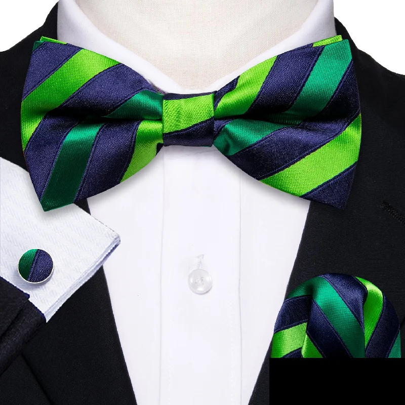 Green Navy Shining Green Striped Men's Pre-tied Bowtie Pocket Square Cufflinks Set