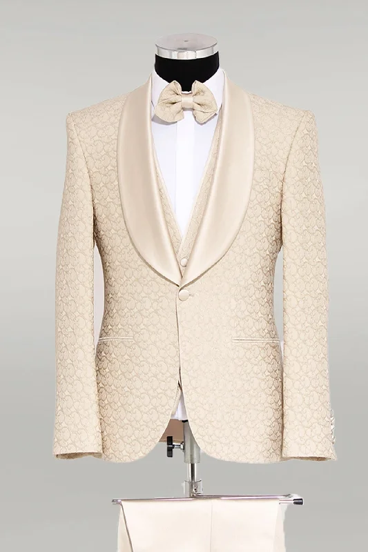 Brocade Double-Breasted Satin Lapel Ivory Men's Tuxedo with Bow Tie - Wessi