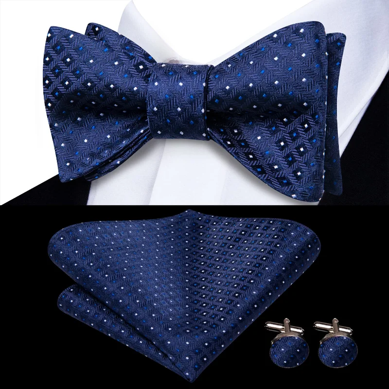 Ties2you Blue Bow Tie Navy Plaid Silk Mens Dress Self-tie Bowties Handkerchief Cufflinks Set