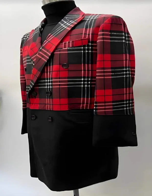 Mens Plaid Overcoat - Hounstooth Checker Pattern Topcoat - Peak Lapel Red and Black