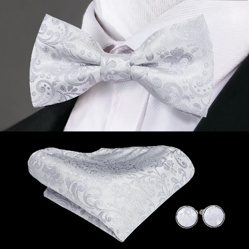 Silver White Paisley Pre-tied Bow Tie Hanky Cufflinks Set