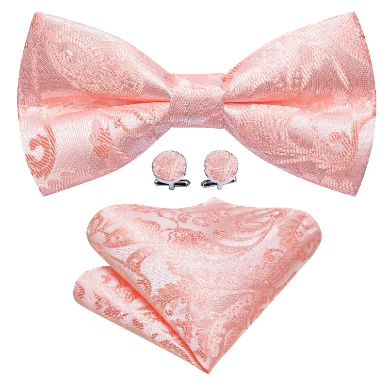 Pink Paisley Silk Pre Tied Bow Tie Hanky Cufflinks Set