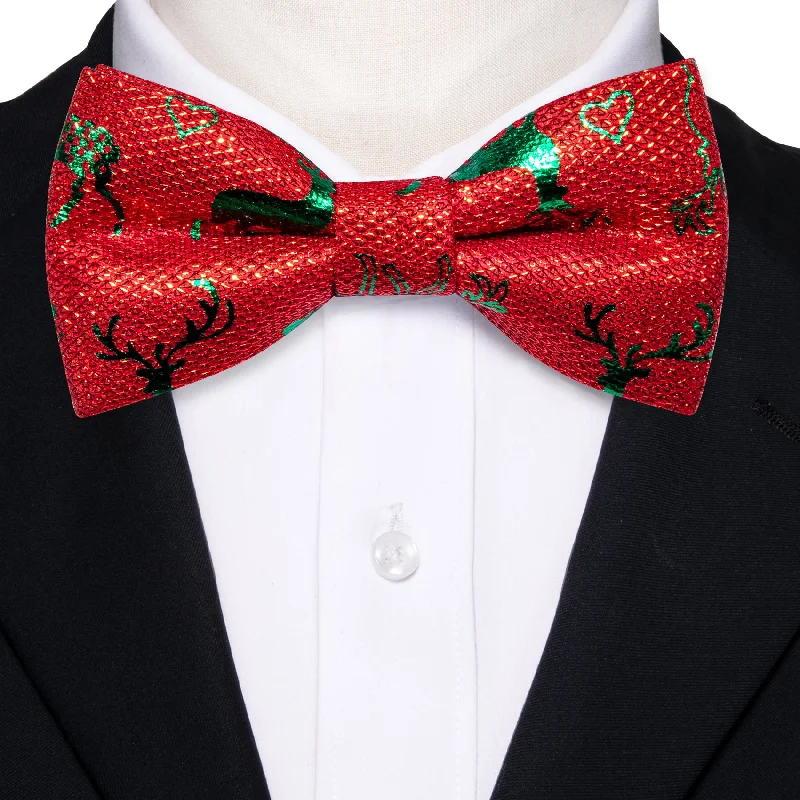 Barry.wang Christmas Tie Bright Red Green Elk Silk Pre-tied Bow Tie