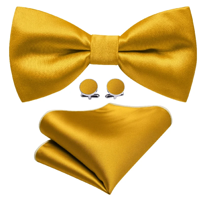 Barry Wang Gold Yellow Solid Silk Pre Tied Bow Tie Hanky Cufflinks Set