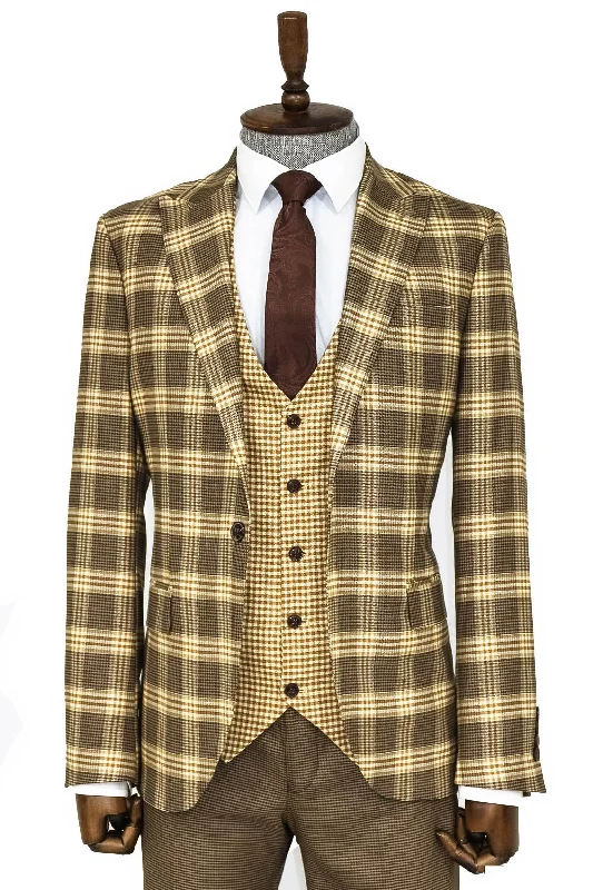 Slim Fit Patterned Checked Light Brown Men Suit and Shirt Combination- Wessi