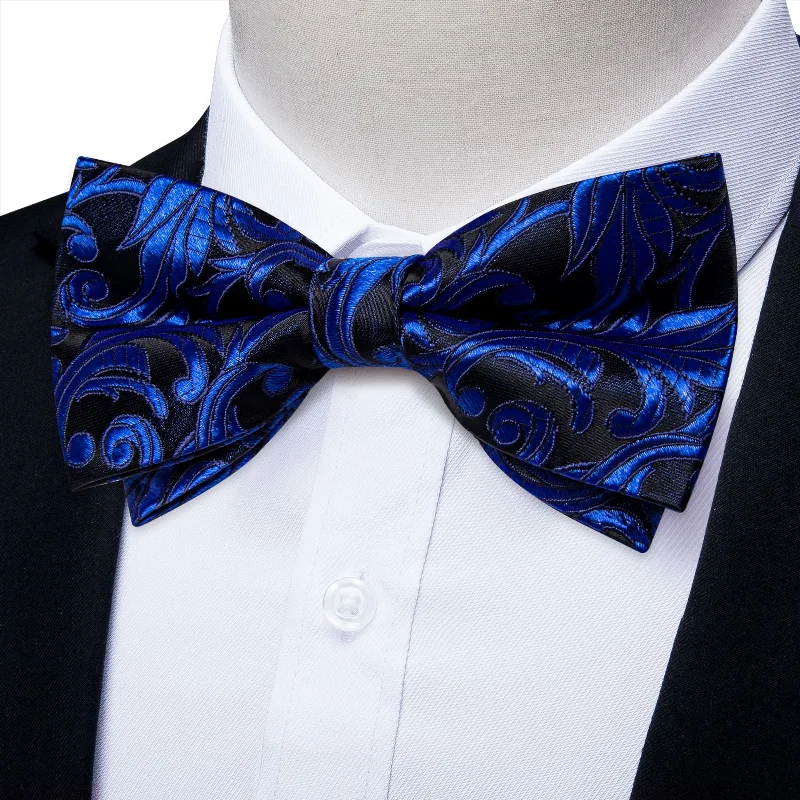 Ties2you Royal Blue Bow Tie Fashion Floral Silk Men's Pre-tied Bowtie Pocket Square Cufflinks set