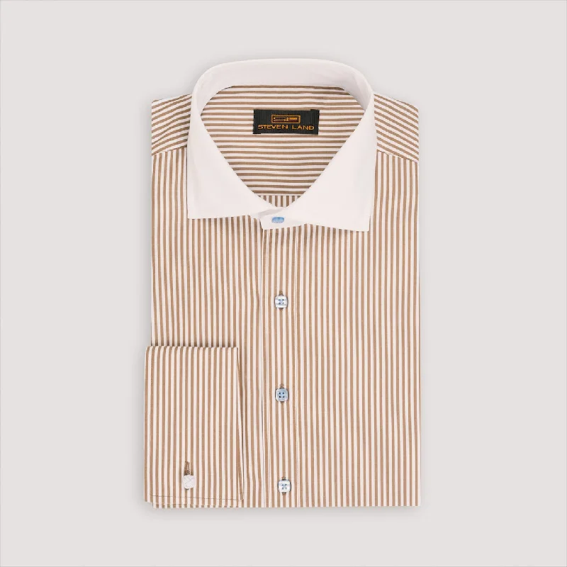 The Corcoran Dress Shirt | White Contrast Spread Collar | French Cuff | 100% Cotton | Brown