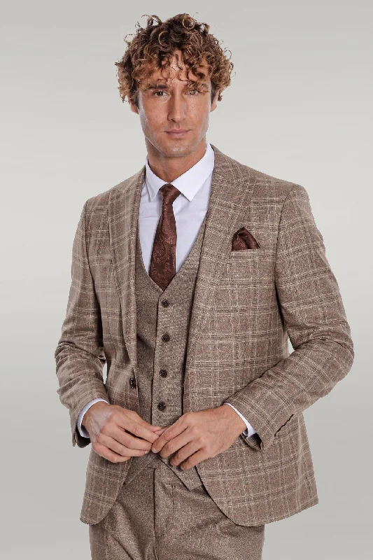 Checked Slim Fit Light Brown Men Suit - Wessi